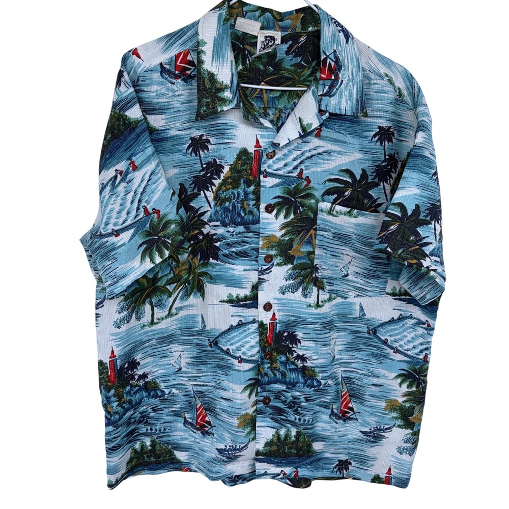 Vintage 90s Kennington Ltd.‎ Hawaiian Shirt Mens Large Blue Ocean Palm Trees